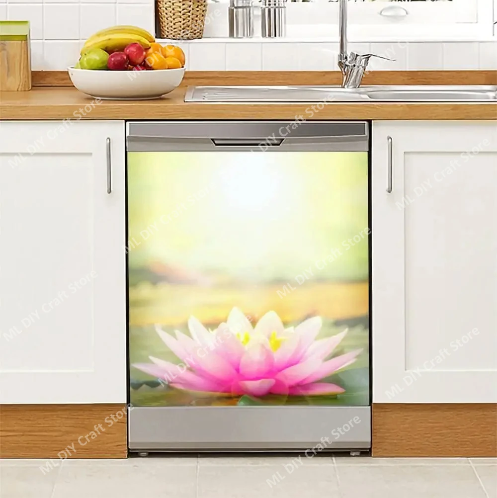 Lotus Flower Dishwasher Sticker Decor Door Cover,White and Gold Floral Picture Sticker Decal Refrigerator Magnets for Adults