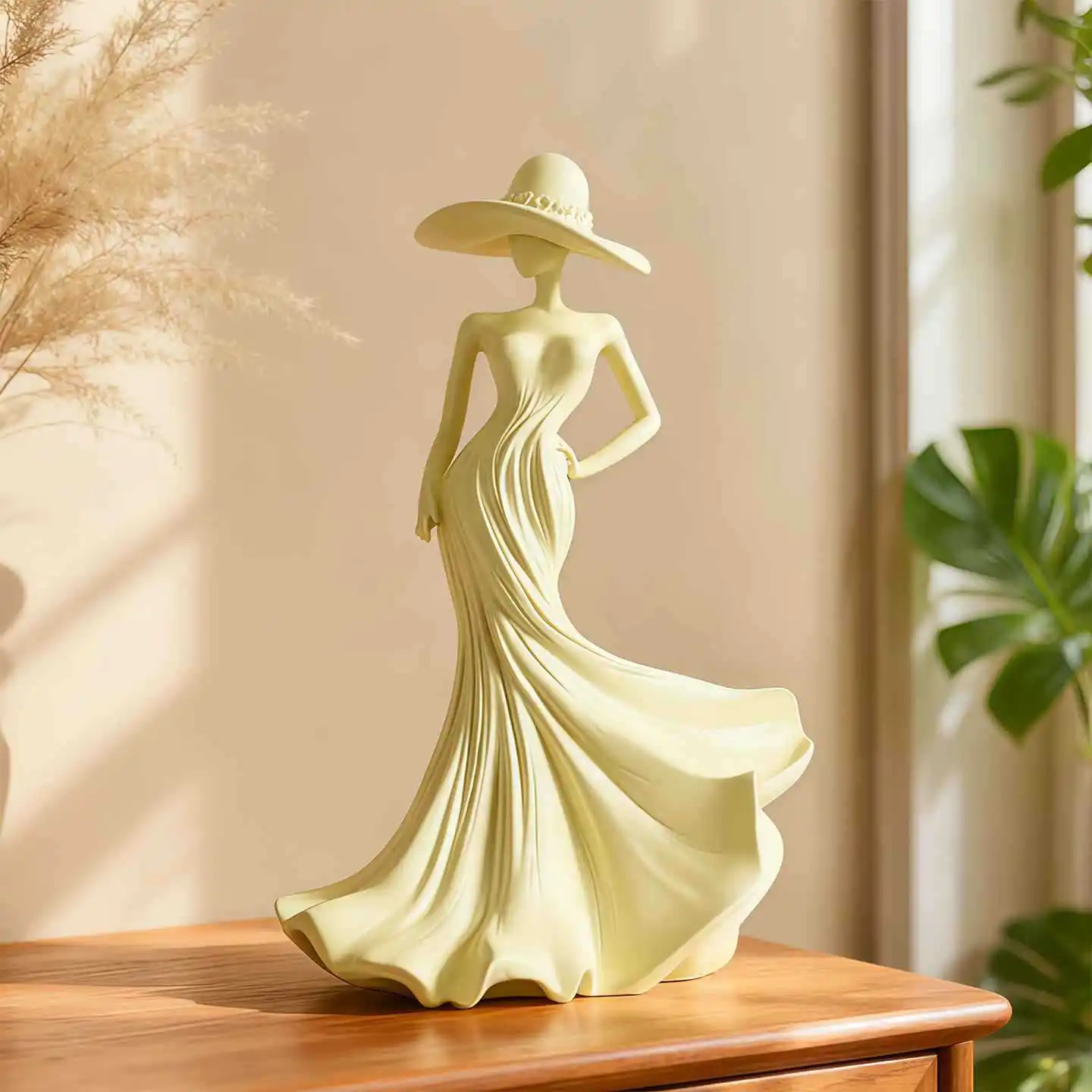 French Figure Art Elegant Lady Statue With Wide Brim Hat Long Dress Resin Sculpture Desktop Ornament Living Room Home Decor
