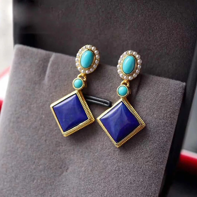 

New in square lapis lazuli earrings for women geometric design vintage turquoise Eardrop fashion luxury sense wedding jewelry