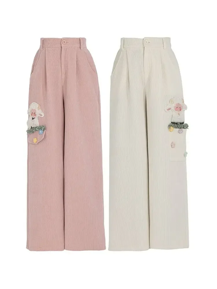 Kimotimo Cute Cartoon Lamb Casual Long Pants Women Japanese Kawaii High Waist Straight Wide Leg Trousers Autumn Winter Joggers