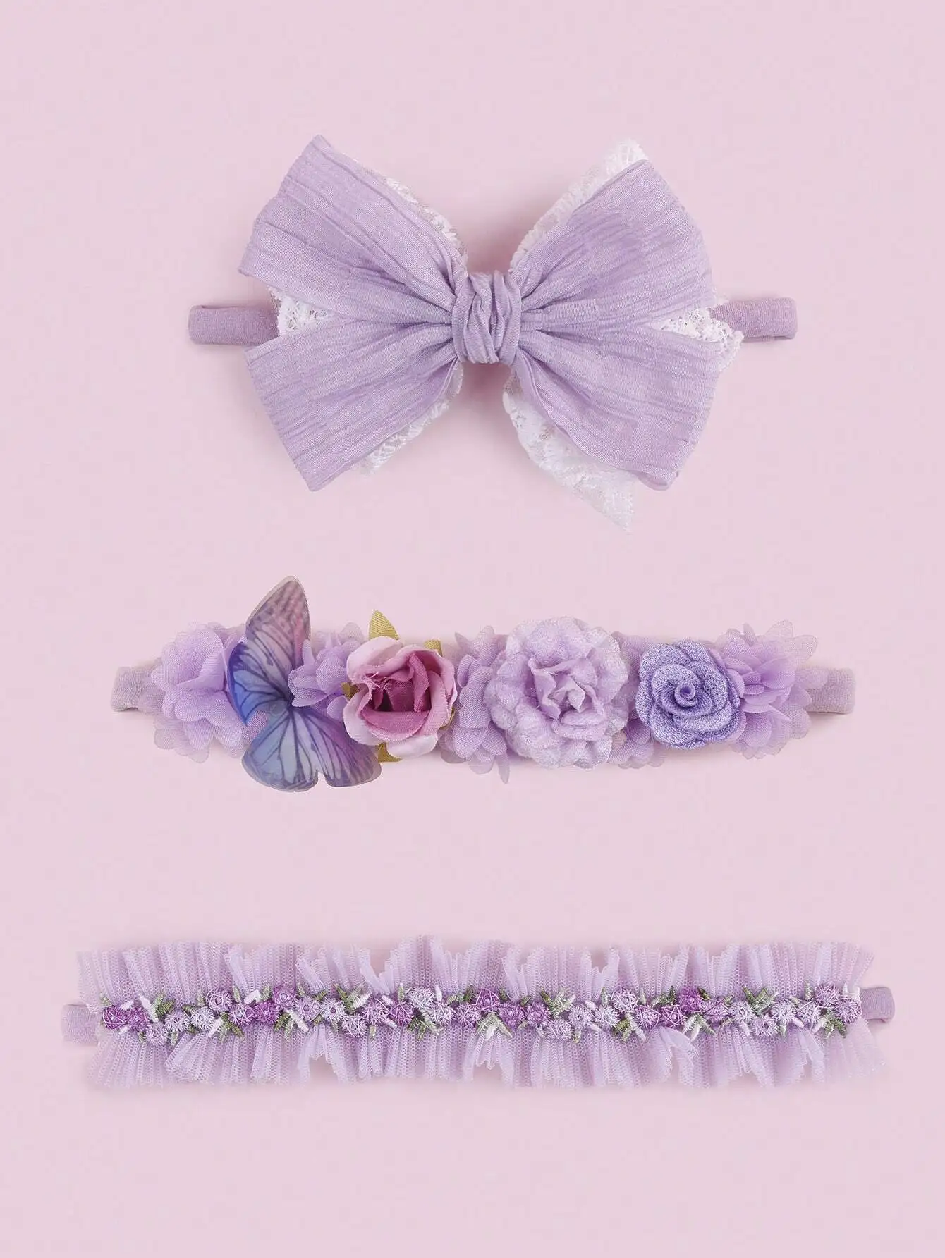 

3pcs Lavender Bow Butterfly Floral Lace Headbands For Women