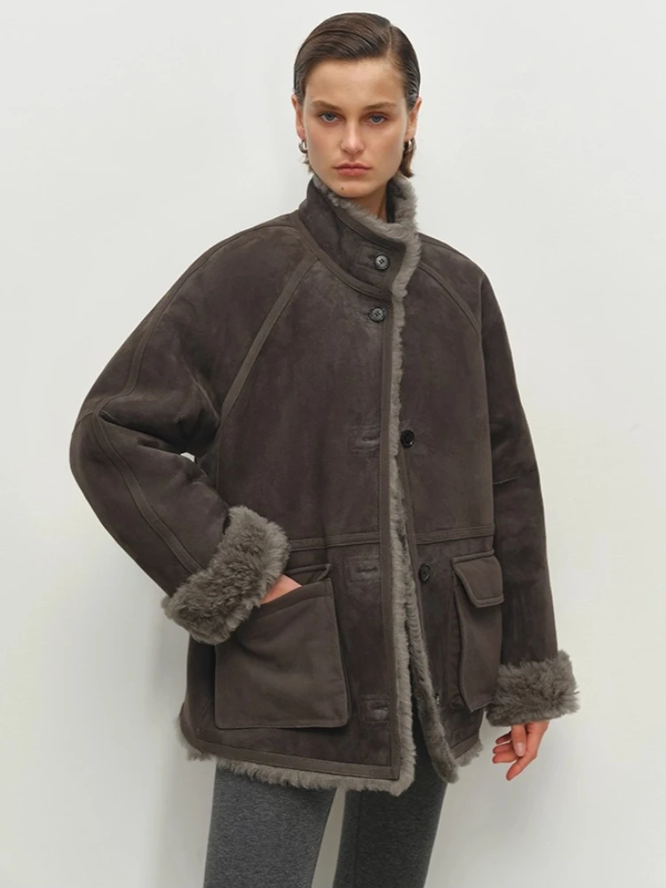 الراقية الفاخرة فرو الضأن الطبيعي سترات من جلد الغزال للنساء بسيطة خمر على الوجهين ارتداء الشتاء جلد طبيعي معطف الفرو الحقيقي #5