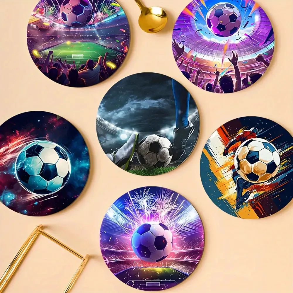 6PCS 2D Innovative Soccer Motif Wooden Cup Mat Featherweight Skid-Resistant Surface Guard Dining Pub Cafe Workplace Ornament Fun