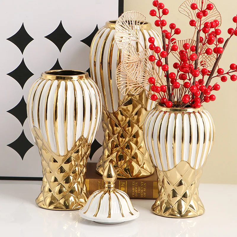 European Style Vase, Flower Arrangement, Ordinary Ceramic Jar, Lightweight Luxury Galvanized Gold Vase, Living Room Decoration