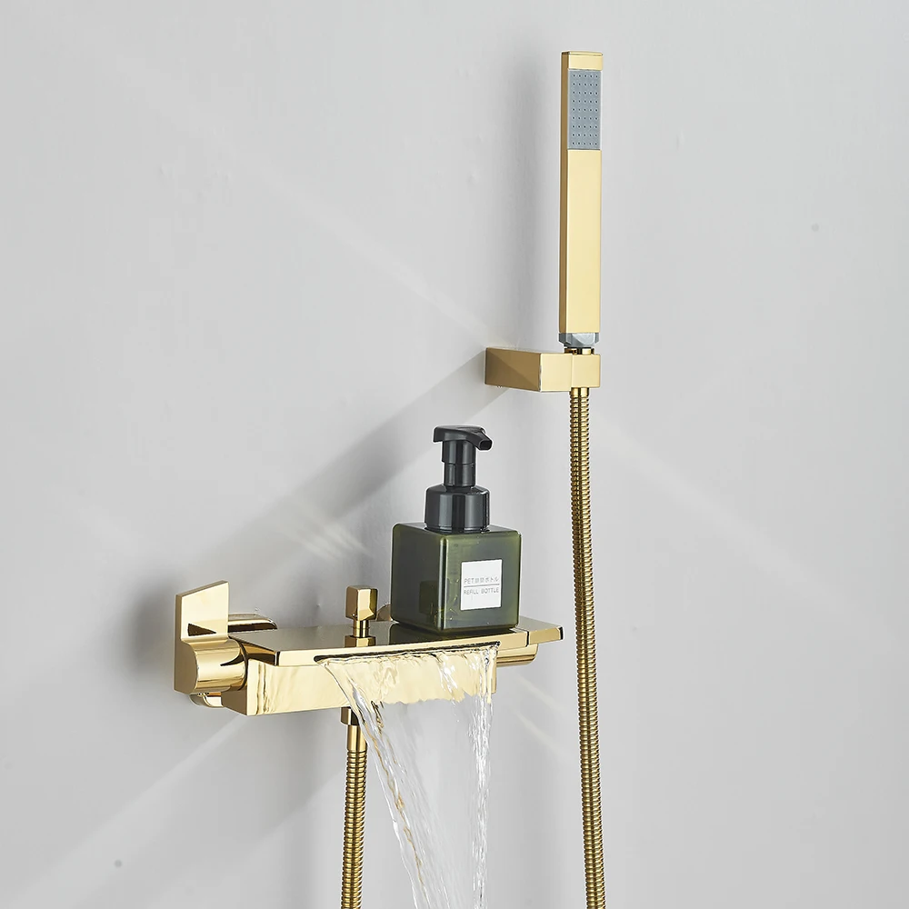 

Золотой смеситель для ванны, настенный набор для ванны и душа, водопад, смеситель для ванны, двойная ручка с насадкой для ручного душа, черный, белый, хром