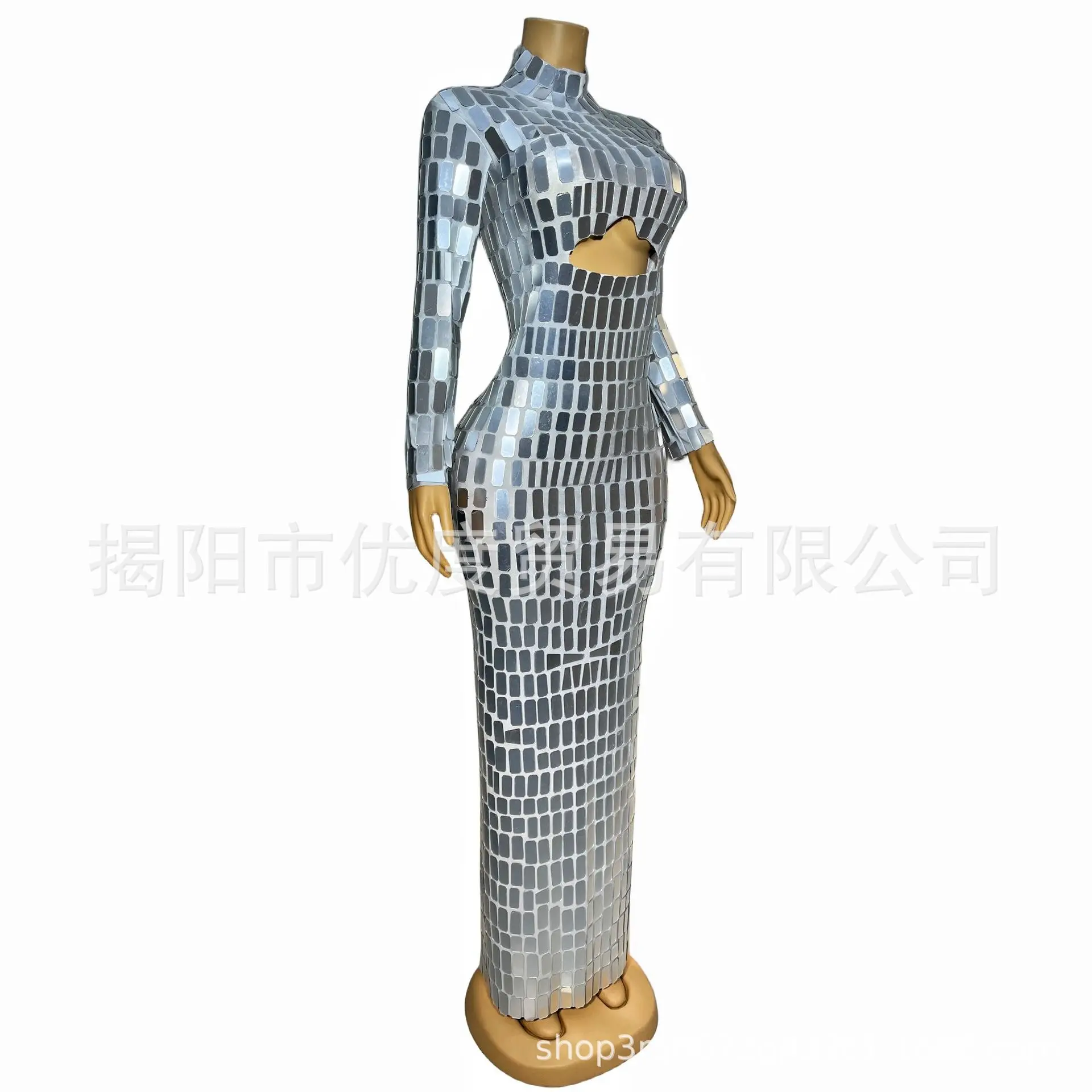 ชุดเดรสยาวแขนยาวคอสูงซีทรูตาข่ายสีทองสำหรับงานวันเกิด งานเลี้ยงค็อกเทล งานพรอม หรืองานเต้นรำสไตล์ฟลาเมงกา