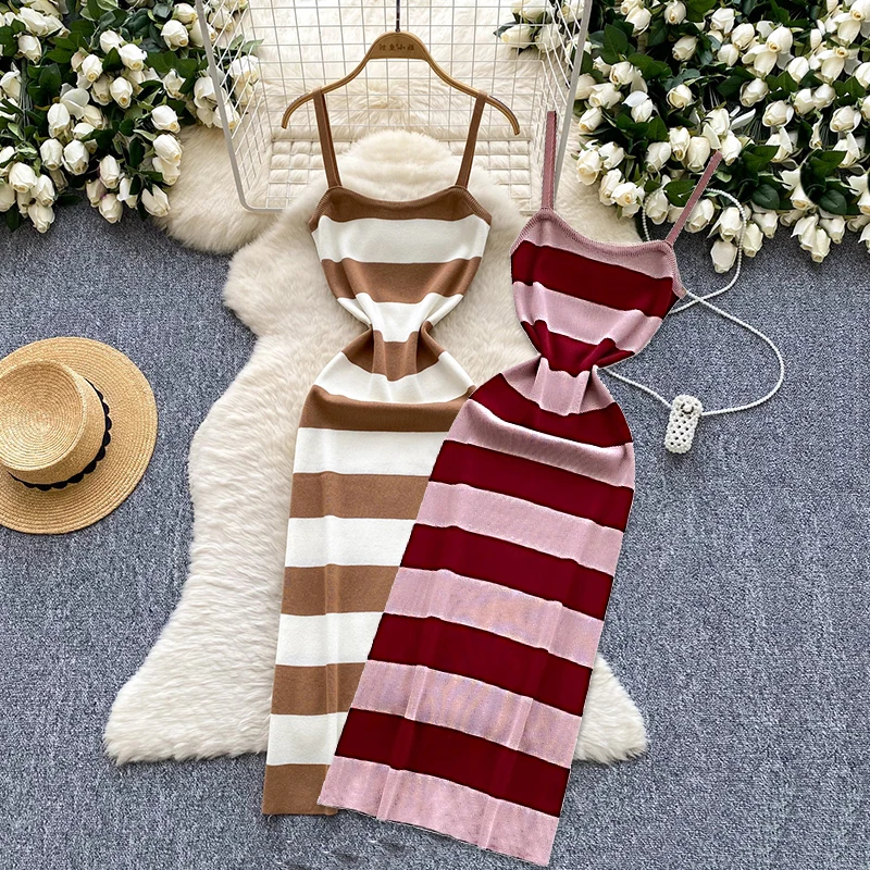 2025 dame Neue Streifen Ins Mode Sexy Paket Hüften, Figurbetontes Kleid Sommer Gestrickte Spaghetti-trägern Outfits Maxi Lange Frauen Kleid