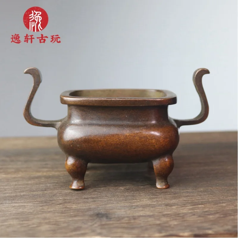 

Antique Antique Crown Ear Square Mouth Four-Legged Incense Burner Antique Incense Burner Home Tea Ceremony Decorative Crafts Orn