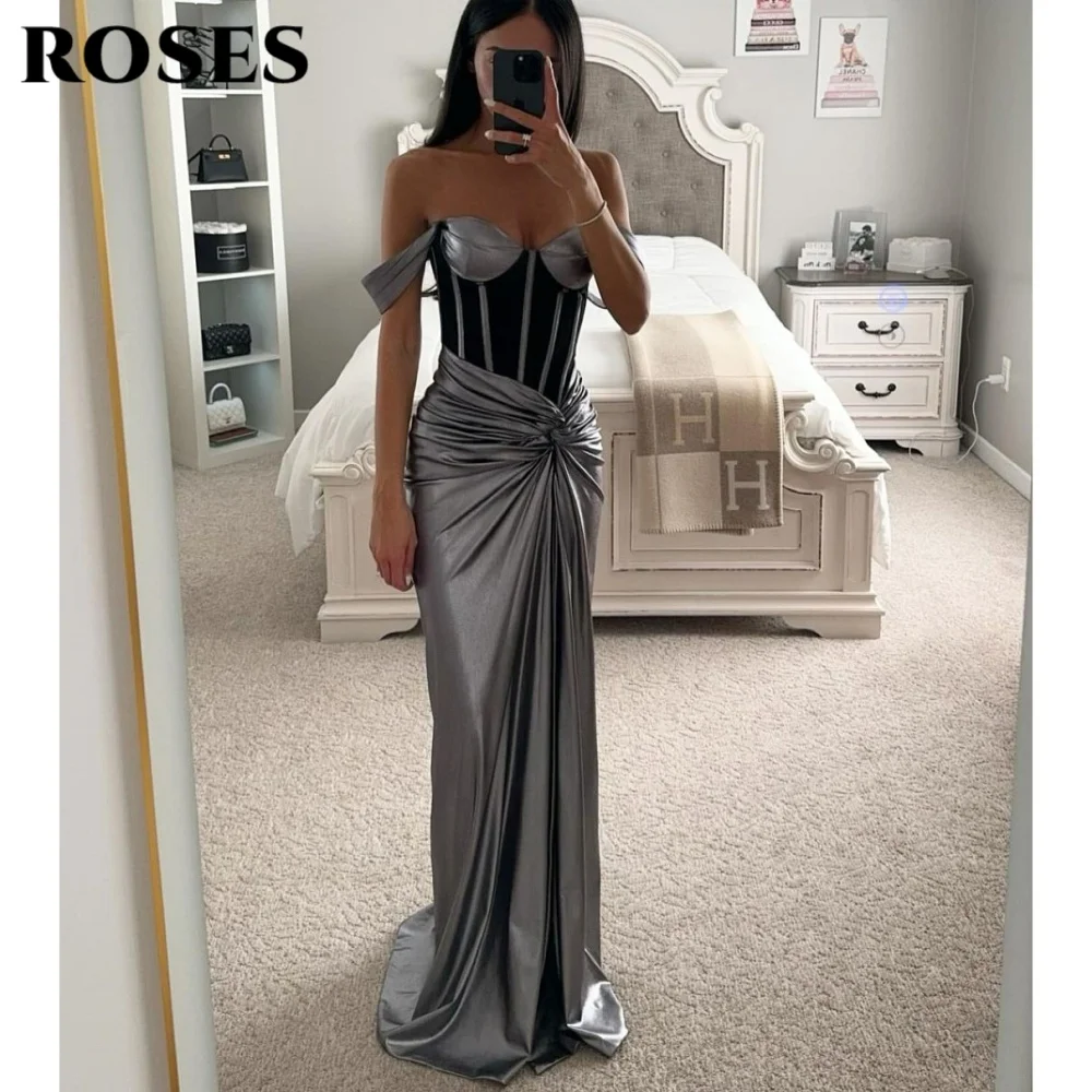 

ROSES Silver Elegant Prom Dress Sweetheart Off the Shoulder Prom Gown for Woman Satin Pleated Ball Gown with Fishbone Customized