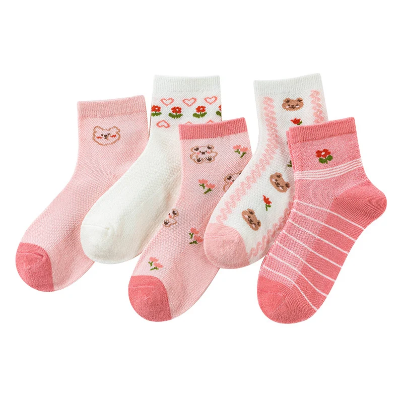 5Pairs/lot 2022 Spring Summer Mesh Thin Girls Clothing Kids Socks Cute Cartoon Leisure Sports Breathable Children Cotton Socks