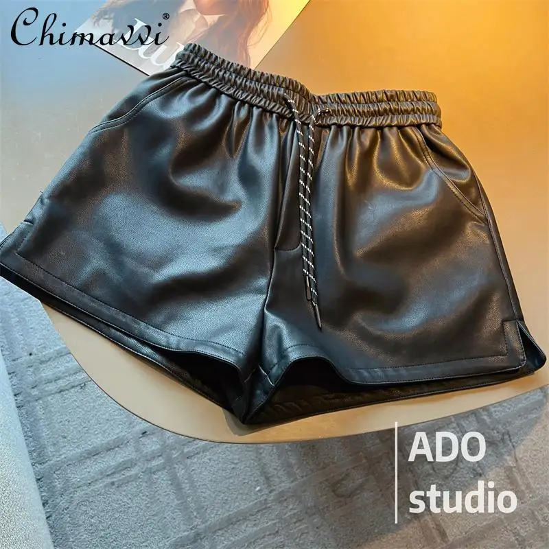 Autumn and Winter New Fashion Leather Shorts Women's Pu Elastic High-waisted Shorts Sexy Girls A-shaped Wide-leg Loose Pants