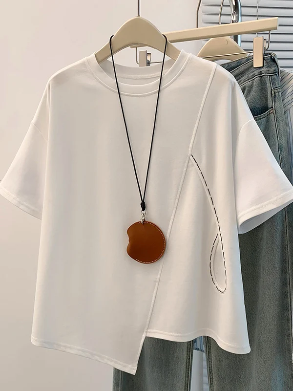 

European Design White Short Sleeve T-Shirt Women's plus Size Irregular Shape Comfortable Korean Style Summer New Arrival