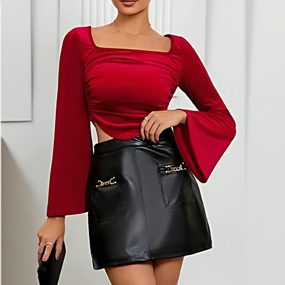 

Европейско-американская женская одежда, осень-зима 2021, французская рубашка в стиле ретро, светская рубашка с квадратным воротником, красный бархатный топ