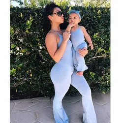 Mommy and Daughter Yoga Jumpsuits Family Matching Clothes Outfits Sleeveless Overalls  Mother Daughter Blue Pants Mom Baby