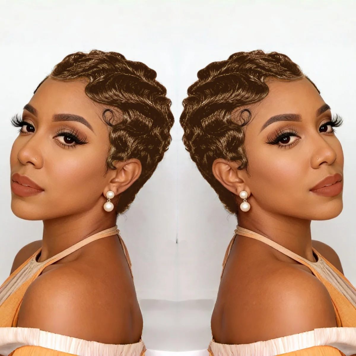 

Короткий парик из натуральных волос с волнистыми концами, машинной работы, для женщин