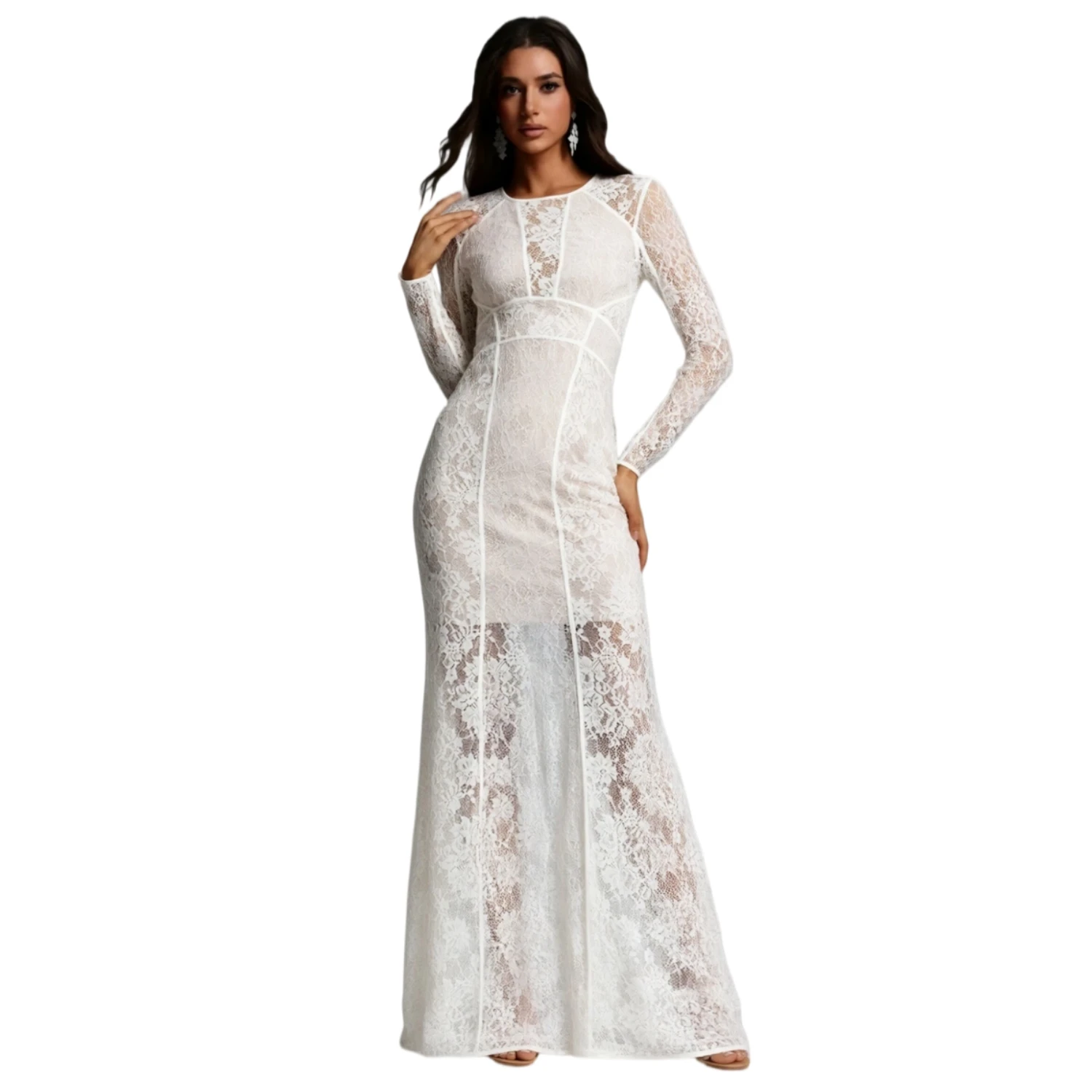 Image of Damen Rundhals Langarm Spitzen-Meerjungfrauenkleid Transparentes Mesh Figurbetontes Bodenlange Hochzeits-Abendkleid Formelles Kleid