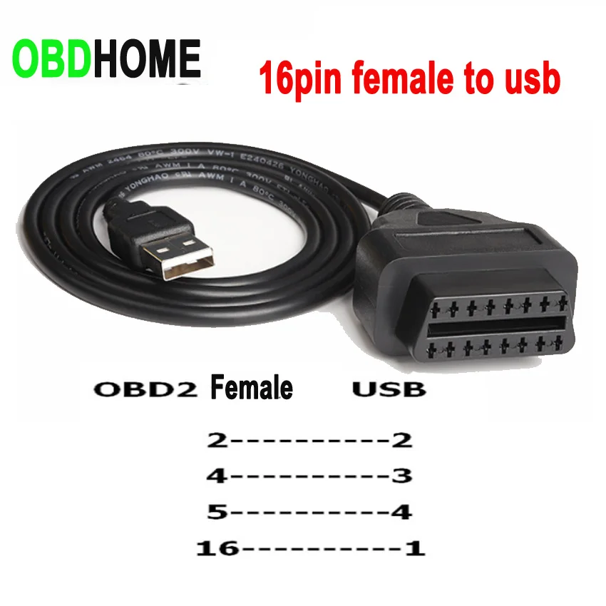 자동차 여행 컴퓨터 OBD 변환 어댑터 커넥터, 1M OBD2 16 핀 암 USB 케이블, 자동 스캐너, GPS 16 핀 포트, 전력 변환기