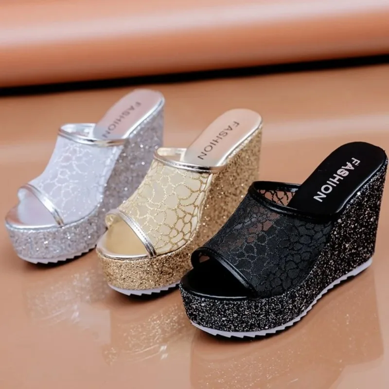 

11cm High Heels Bling Golden Women Slippers Summer Platform Shoes Outside Wedges Solid Mesh Women Sliver Shoe Sandalias De Mujer