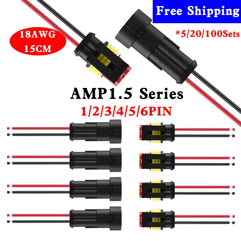 AMP1.5 Series 1/2/3/4/5/6 Pin Way Sealed Waterproof Electrical Wire Connector Plug Set auto connectors with 15cm cable