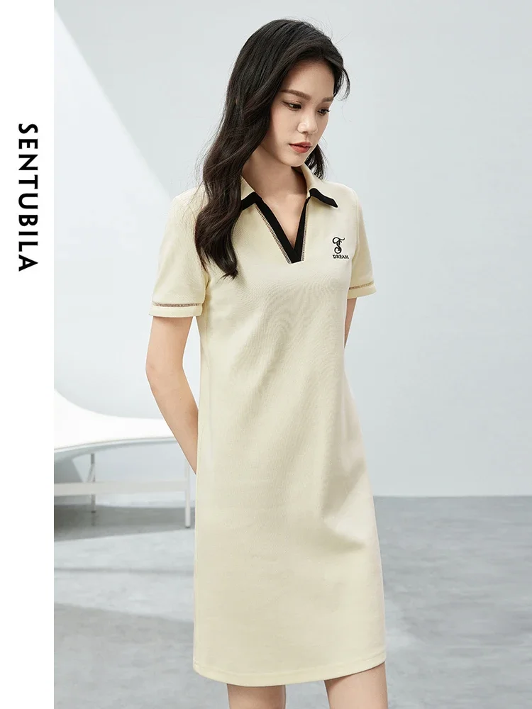 SENTUBILA, vestidos de camiseta de verano para mujer, novedad de 2024, jersey recto de manga corta con cuello en V en contraste, vestido informal para mujer 142L53992