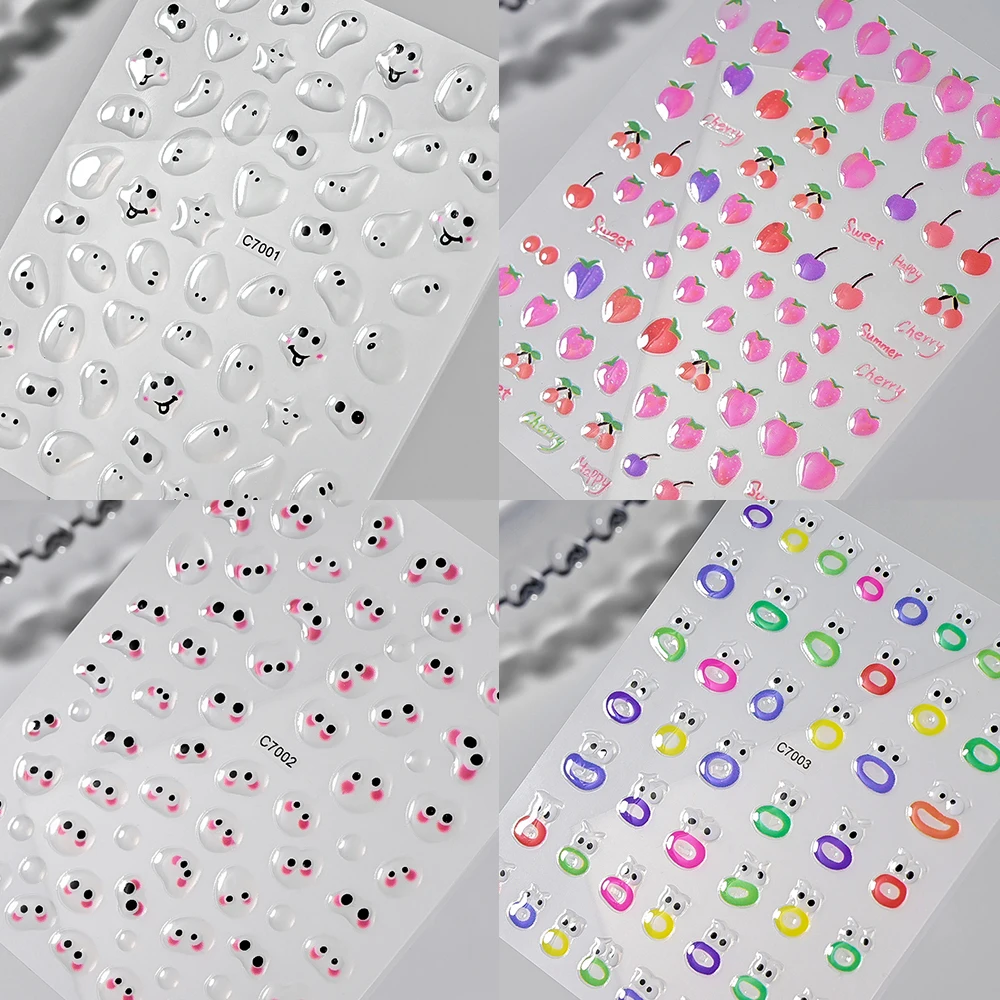 5D Kawaii trasparente Blush Pink goffrato Eye Nail Art Sticker con goccia d'acqua trasparente Cute Nail Decal 8*10cm Cartoon Jelly Slider