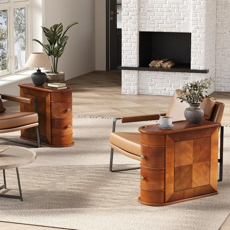 LITTLE TREE End Table Set of 2, No Assembly Required Wood End Table with 2 Drawers, Sofa Side Table for Living Room, VintageSlim