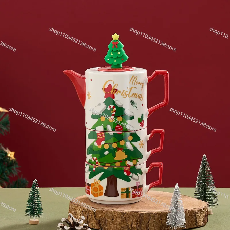 Christmas Ceramic Teapot Characteristic Christmas Gift One Pot Two Cups Gold-plated Tea Set