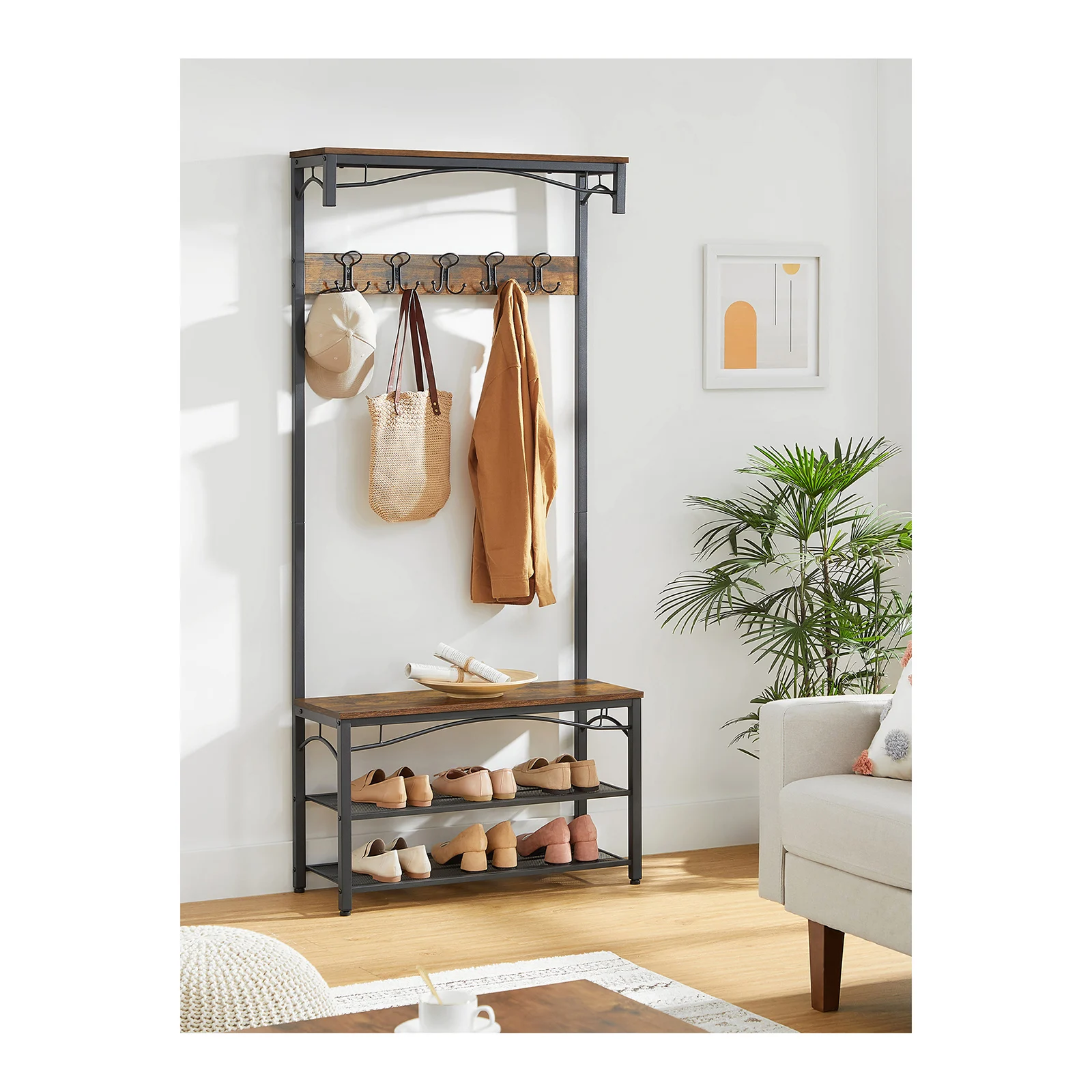 VASAGLE Coat Rack, Hallway Cabinet, with Top Board, Shoe Rack, Bench and 5 Double Hooks, Metal Frame, 80 x 32 x 178.8 cm