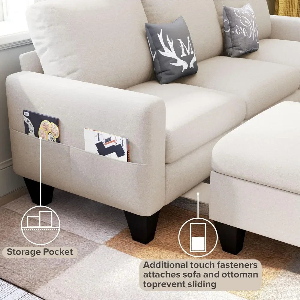 Divano componibile convertibile da 78 '', divano a forma di L Beige a 3 posti con pouf portaoggetti, divani moderni in tessuto di lino