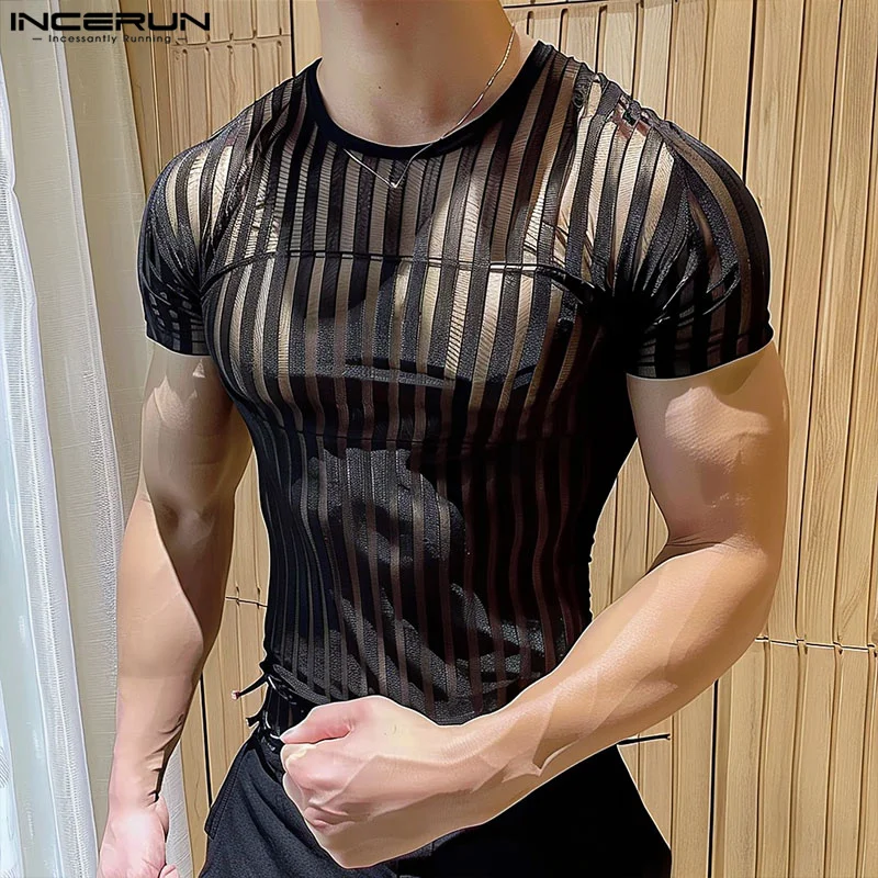 INCERUN Men T Shirt Striped Mesh Transparent O-neck Short Sleeve Men Clothing Streetwear 2024 Sexy Skinny Fashion Tee Tops S-5XL