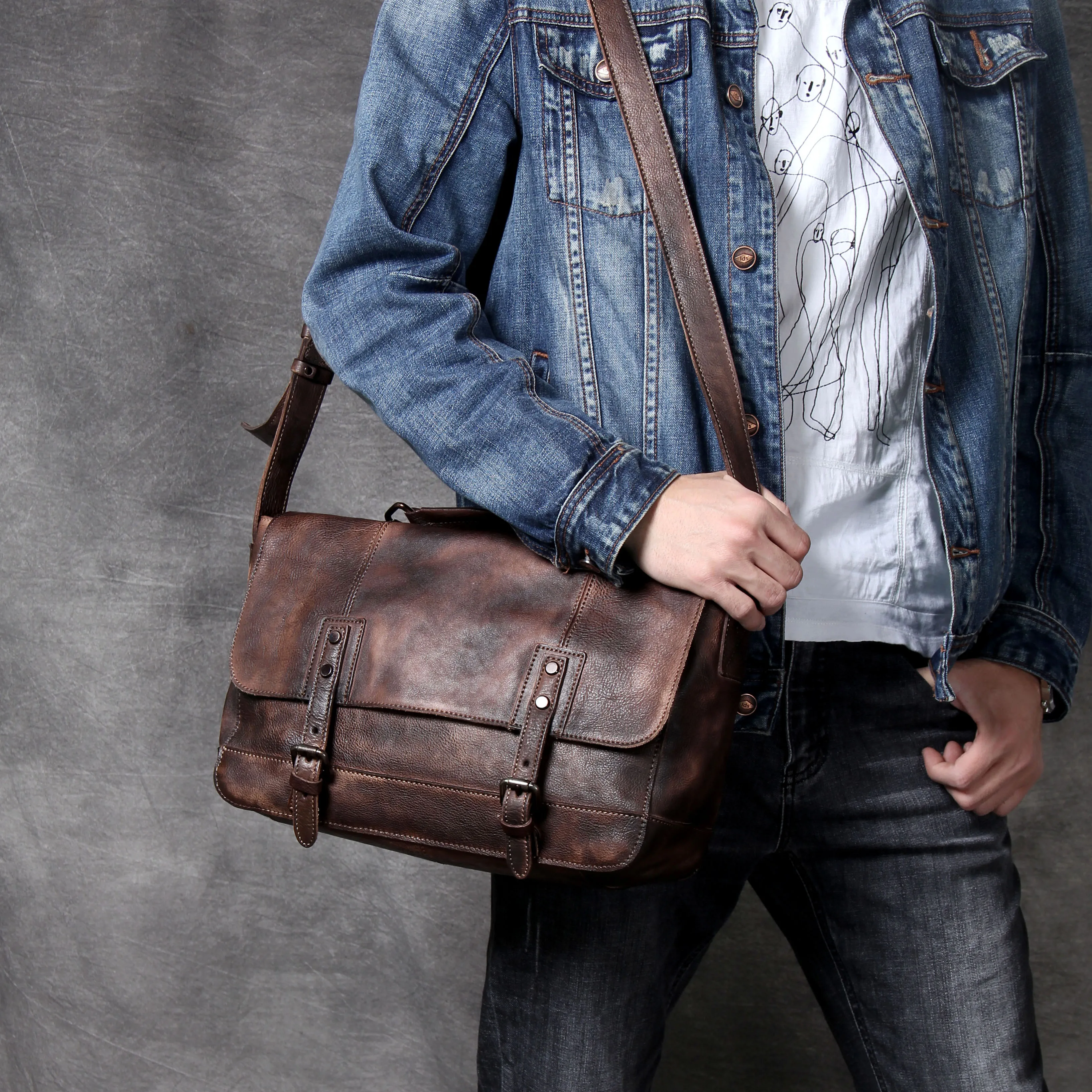 S.WORKER Vintage Echtes Leder männer Messenger Tasche Schulter Tasche Rindsleder Retro Casual Stil Umhängetaschen – Detail 4