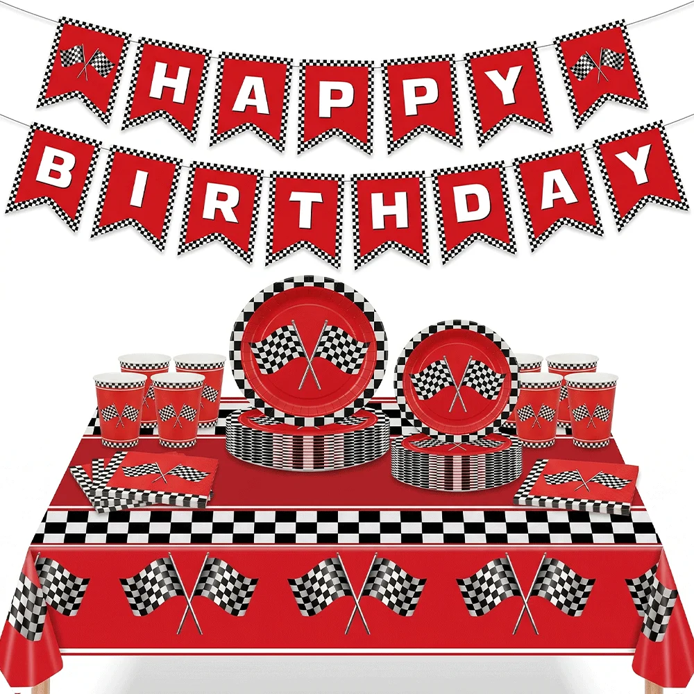 Rennwagen Rote Karierte Flagge Tischgeschirr-Set Rennsport Pappteller Becher Servietten Tischdecke Jungen Geburtstagsparty Deko Baby-Shower-Zubehör