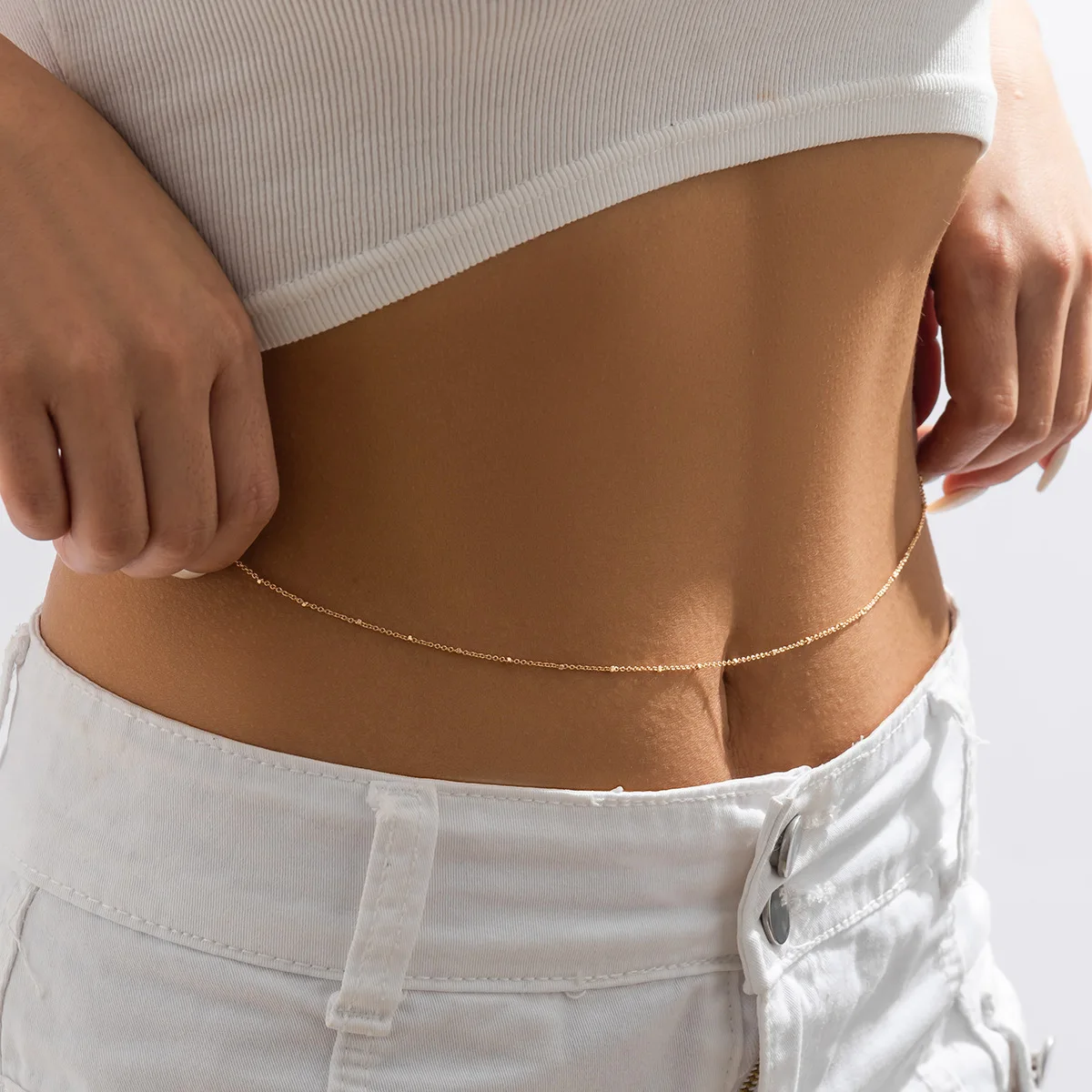 Cadena corporal metálica de una sola capa con cuentas espaciadas, cinturón fino para mujer, sexy, para festivales y eventos nocturnos, ajustable, oro rosa, premium, elegante