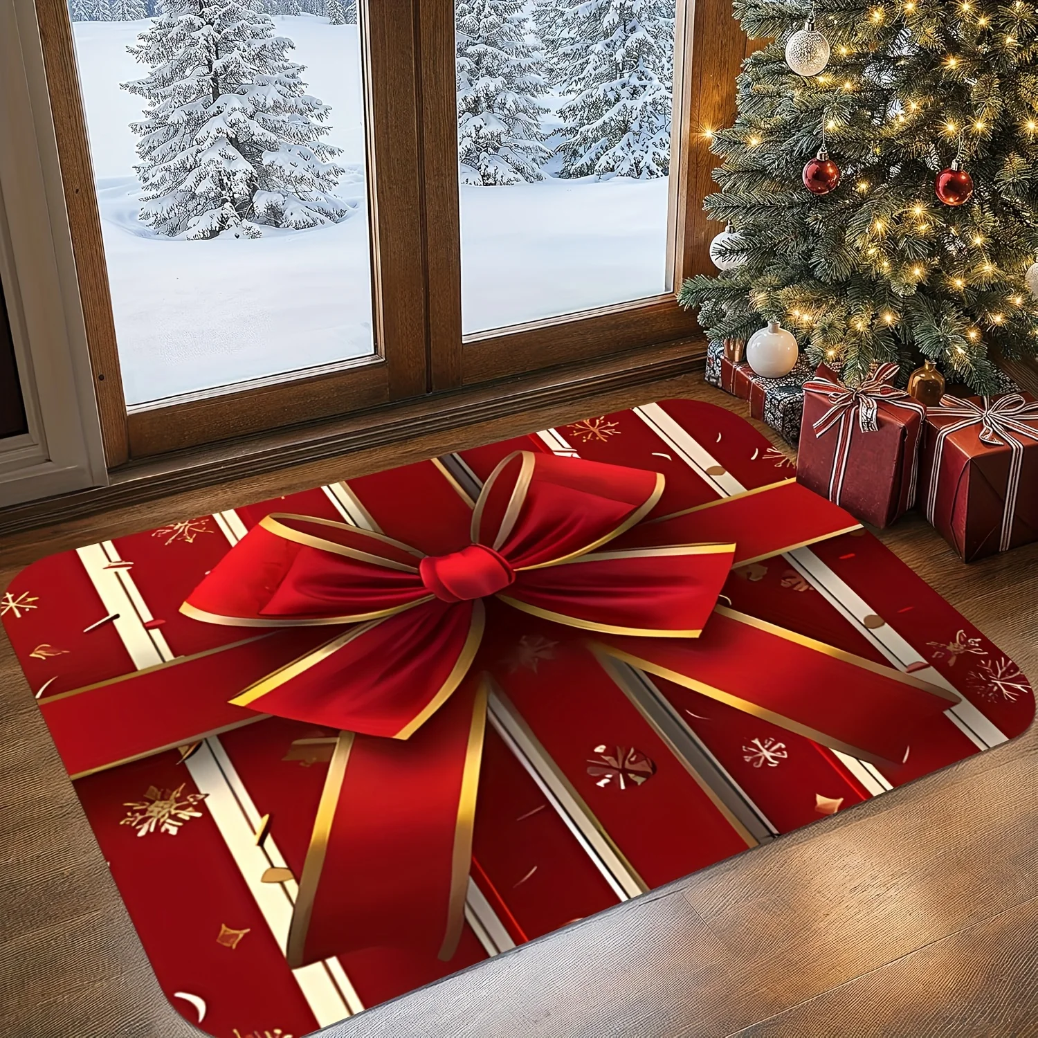 Christmas Gold Bow Gift Box Welcome Mat, Snowflake Design Plush Flannel, Machine Washable for Festive Home Decor