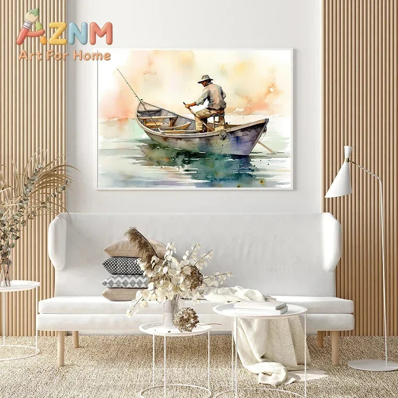 AZNM Watercolor Fisherman Canvas Wall Art Lake Boat Fishing Nature Scenery Print Poster for Living Room Bedroom Cabin Home Wall