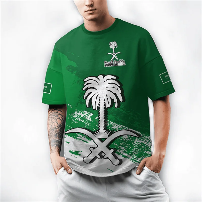 Vintage Kingdom Of Saudi Arabia Map 3D Printing T Shirt Saudi Coat Of Arms Flag Graphic T-shirts For Men Fashion Short Sleeves