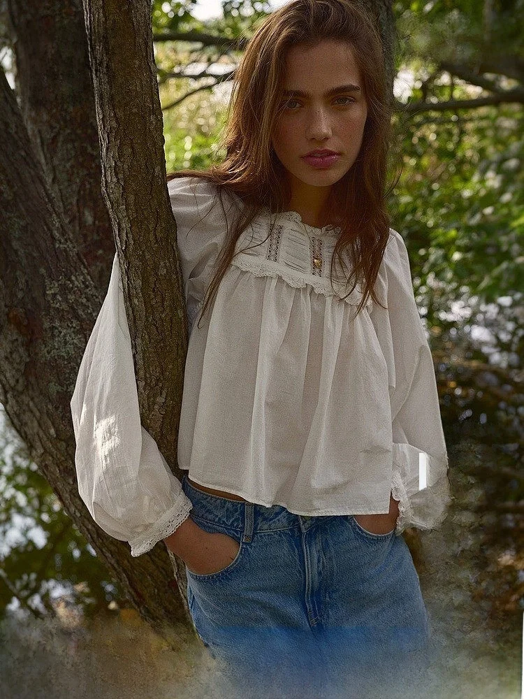 

H&M Summer Women's Lace Trim Cotton Top Elegant Style Long Sleeve Square Collar Fit Shirt Cotton 100% Regular Thickness