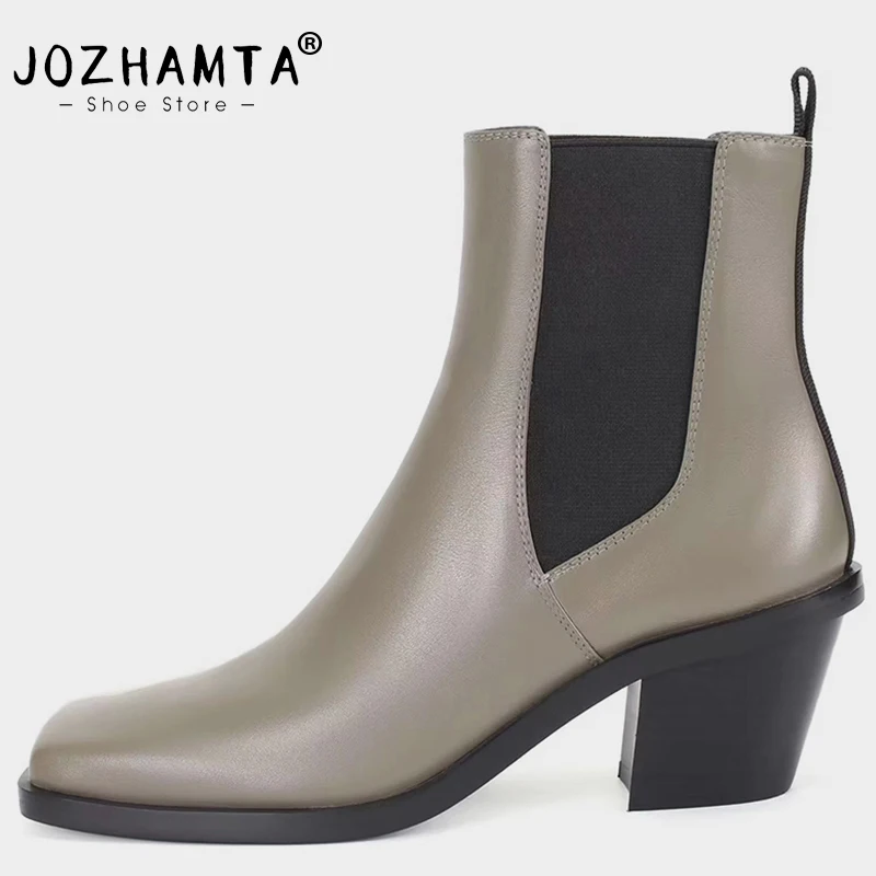 

JOZHAMTA Size 34-43 Women Chelsea Boots Genuine Leather Elastic Band High Heels Winter Shoes Woman Retro Cowboy Boots For Women