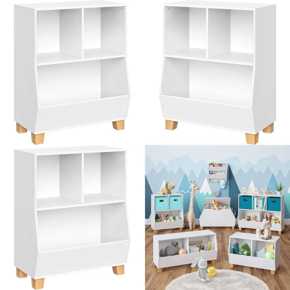 화이트 플레이룸 장난감 정리함: 어린이 책과 장난감을 위한 대형 수납함이 있는 2칸 수납장