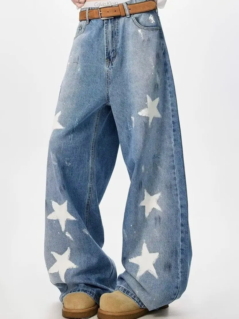 Calça Jeans Unissex de Cintura Média Baixa com Zíper, Estampa Grafite Estrela Americana, Solta e Casual, Perna Larga, para Verão