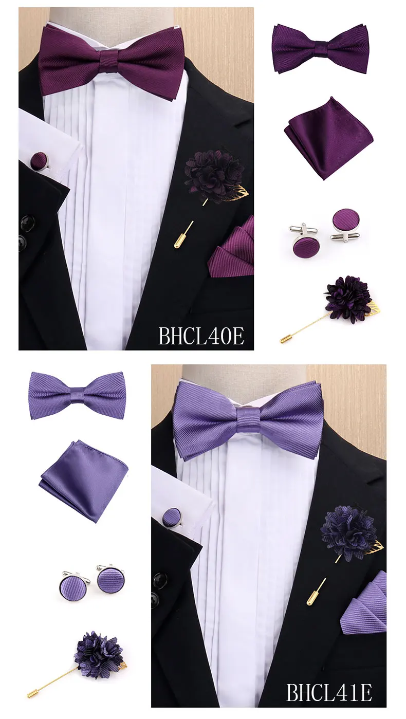 Modisches einfarbiges Fliege-Set für Herren, Fliege, Taschentuch, Manschettenknöpfe mit floraler Brosche, Anzug, Hochzeit, Business, Herren-Accessoires – Detail 11
