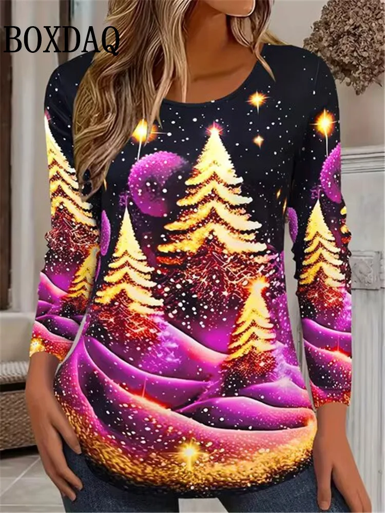 Women's Festival Gradient Christmas Tree Party T Shirt Winter Long Sleeve Loose Fashion Tops Tee Casual 3D Print Streetwear 2025