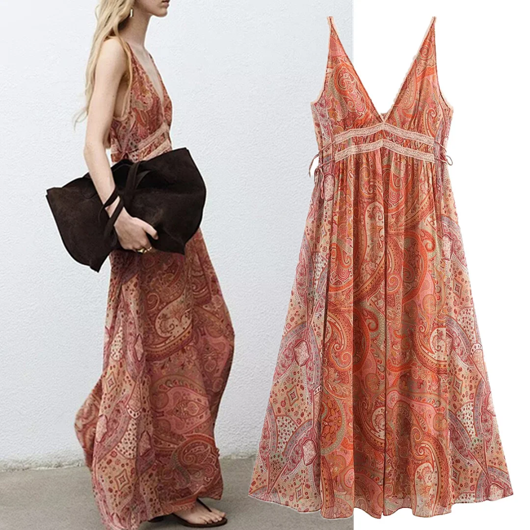 

Jenny&Dave Bohemian Floral Paisley Print Strapless Midi Summer Dress Elegant Holiday Dresses Vestidos Womens Dresses Long Dress