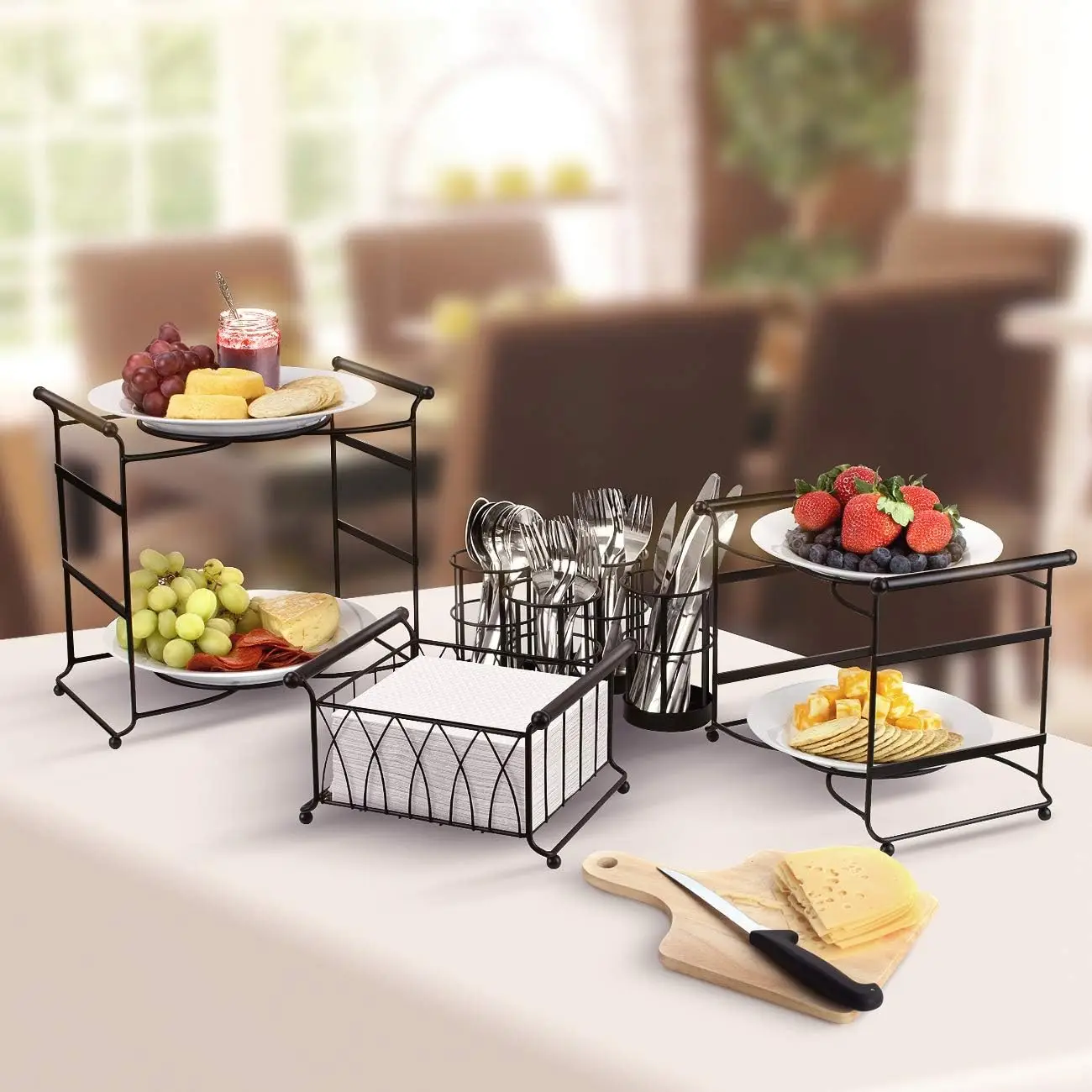 Buffet Caddy — 7-Piece Stackable Set Includes Plate, Napkin, and Silverware Holder, 3-Tier Detachable Tabletop Organizer