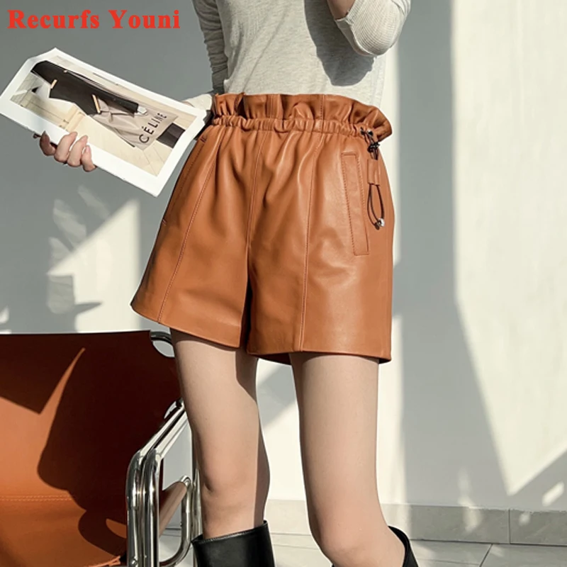 Lazy Streetwear Shorts Women 2022 Genuine Leather Elastic Wide Leg Flower Bud Drawstring Pants Feminino Harajuku Orange Trousers