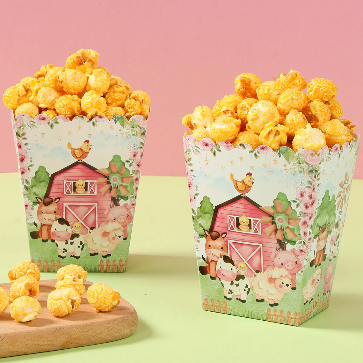 Scatole per popcorn per feste a tema animali da fattoria Scatole per caramelle Decorazioni per feste in fattoria Baby Shower Bambini Ragazze Compleanno Forniture per feste di matrimonio