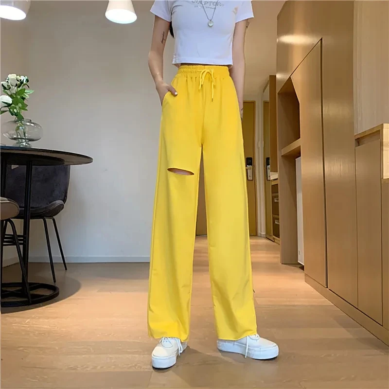 

news pring and autumn Fashion casual loose plus size stretch brand female women girls hole wide leg pants