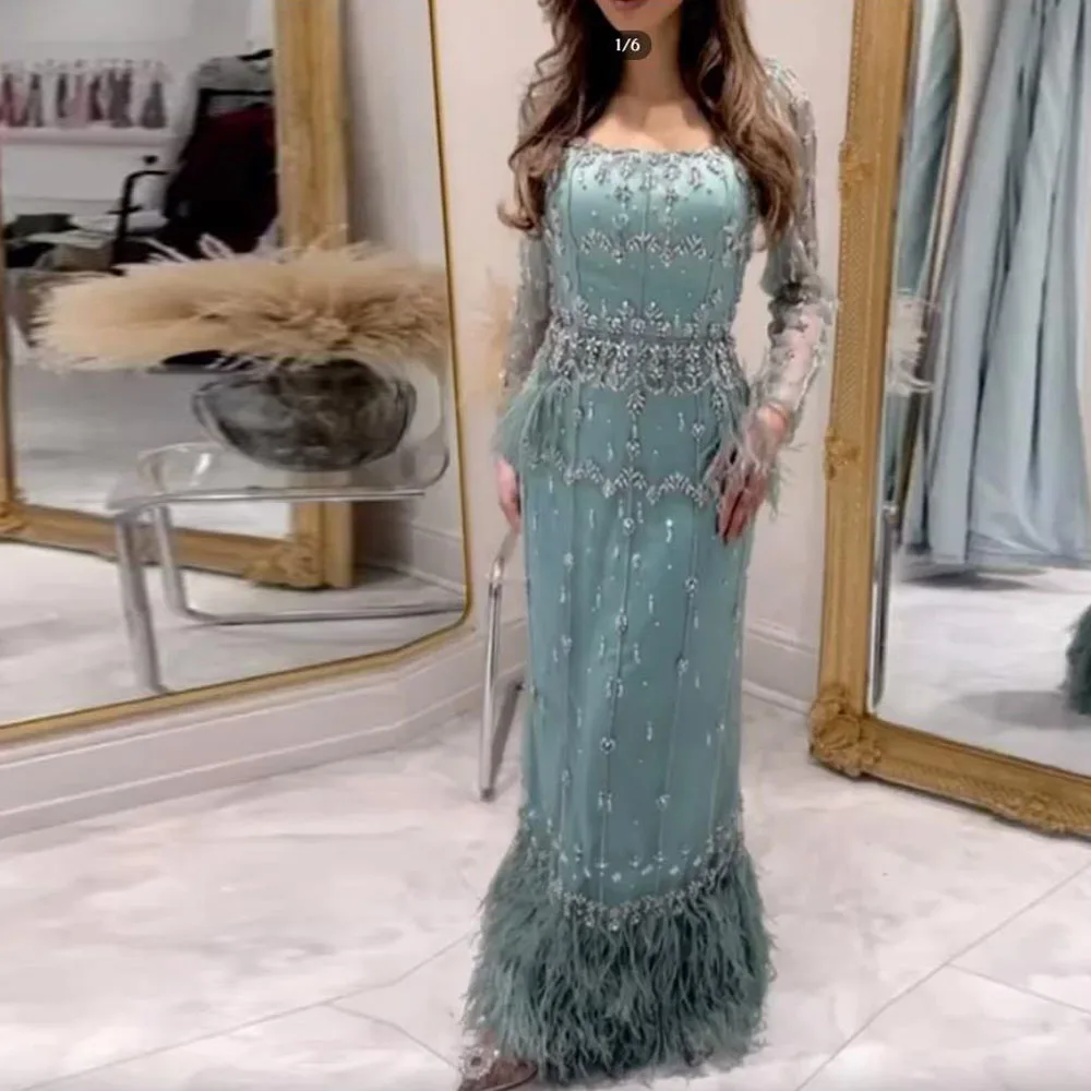 

Коктейльное платье с кристаллами по индивидуальному заказу, прямое вечернее платье с перьями и квадратным вырезом, длинными рукавами, платья для торжественных случаев