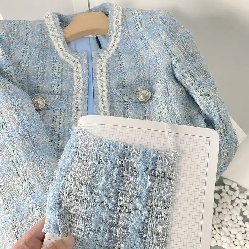 Elegant Women Blue Wind Woven Tweed Jacket Autumn Twist Weave Stitching Blazers Coat OL Fringed Cardigan Crop Tops 2021 Abrigos