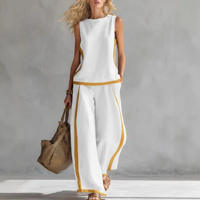 Women Color Block Trim Sleeveless Top Wide Leg Pants Two Piece Set Summer Linen Texture Casual Vacation Outfits